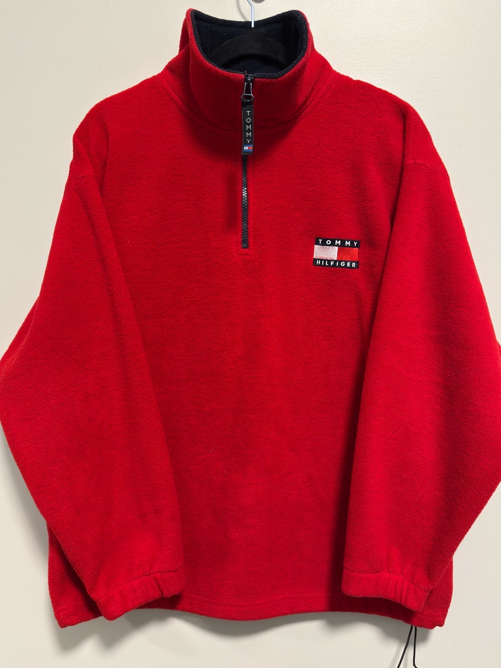 Vintage Tommy Hilfiger Men’s Red Quarter-Zip Fleece Pullover